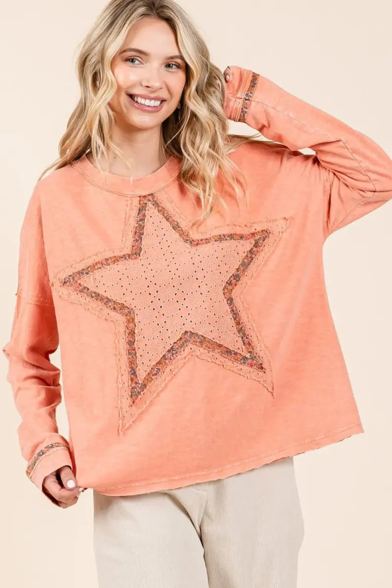 Mittoshop Mineral Wash Star Patch Long Sleeve T-Shirt for Women - Love Salve